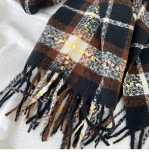 Cozy plaid winter scarf detail, soft imitation cashmere fabric with stylish fringe hem.