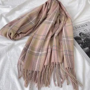 Cozy pink plaid winter scarf for women, soft imitation cashmere tassel shawl and wrap.