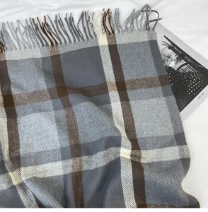 Cozy winter plaid tassel scarf for women, warm imitation cashmere shawl wrap, grey and brown.