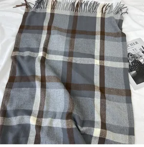 Detailed view of women autumn winter plaid fringe scarf, soft warm cashmere feel shawl.