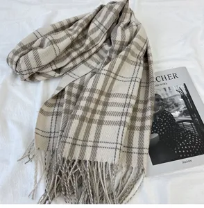 Classic plaid cashmere-feel scarf for women, warm winter fringe shawl and neck wrap.