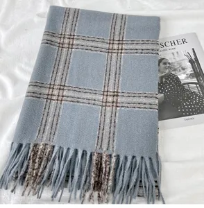 Classic blue plaid winter scarf for women, featuring fringe trim, thick warm cozy fabric.