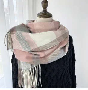 Women winter pink plaid cashmere feel tassel scarf thick warm fashion cozy neck wrap