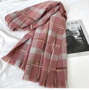 Winter warm pink grey plaid scarf for women, cozy thick long tassel shawl and winter neck wrap.