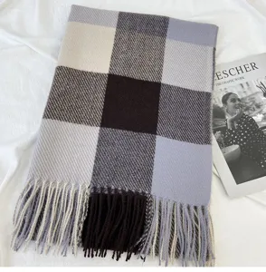 Cozy winter plaid scarf with fringe, thick warm casual tassel shawl for women and students.
