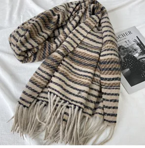 Women's autumn winter Maillard striped tassel cashmere feel scarf warm cozy fashion wrap shawl