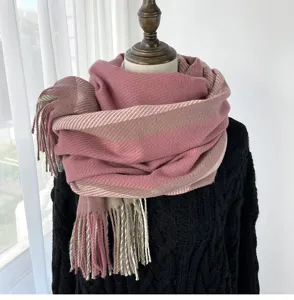 Cozy women winter imitation cashmere plaid scarf featuring stylish tassel edge detail.