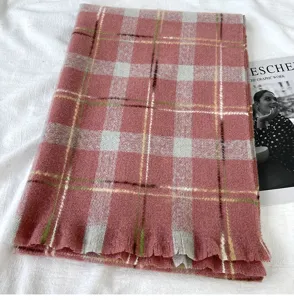 Cozy pink plaid winter scarf for women, thick warm long tassel shawl and versatile neck warmer.