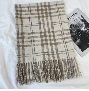 Detailed view of women autumn winter plaid cashmere feel scarf fringe warm shawl chic