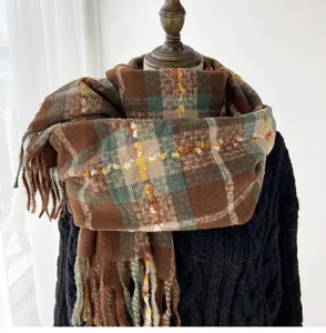 Cozy autumn winter plaid scarf for women, thick warm imitation cashmere shawl neck warmer.