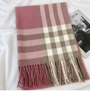 Cozy fall winter plaid tassel scarf imitation cashmere pink brown warm neck wrap fashion accessory