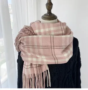 Pink plaid cashmere-feel scarf winter warm neck warmer British style women cozy shawl