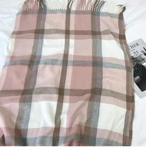 Classic plaid winter scarf with fringe, soft warm cashmere feel shawl for women style.