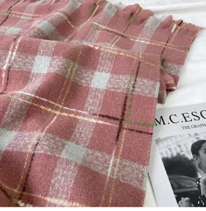 Winter thick warm plaid scarf for women, pink retro long shawl wrap cozy casual accessory