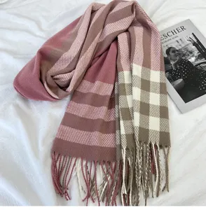 Women autumn winter plaid cashmere feel scarf soft warm fringe tassel shawl wrap cozy neck