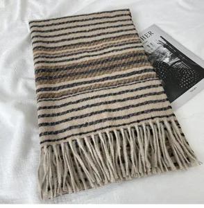 Women winter warm striped tassel scarf stylish Maillard color block imitation cashmere shawl