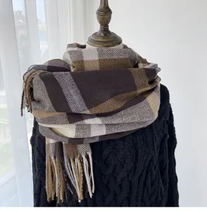 Classic plaid winter scarf for women, thick warm tassel shawl, stylish casual neck warmer.