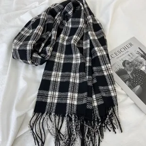 Classic black and white plaid winter scarf for women and men, long soft tassel design.