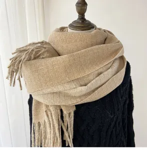 Cozy solid color camel fringed scarf, soft warm winter cashmere feel neck wrap for women.
