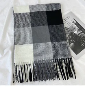 Classic black white grey plaid scarf for women, winter warm tassel long shawl accessory.