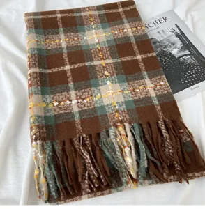 Autumn winter plaid cashmere feel scarf detail view, brown green checkered tassel scarf.