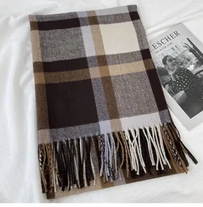 Cozy winter plaid cashmere-feel scarf with chic tassels for women and students stylish warm.
