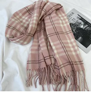 Pink plaid fringe scarf for women, warm imitation cashmere winter shawl, British style.