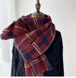Winter plaid scarf for women, thick warm long tassel shawl and cozy retro neck wrap.