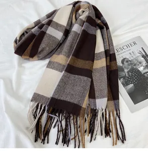 Cozy winter plaid scarf with fringe soft cashmere feel warm fashion accessory for women