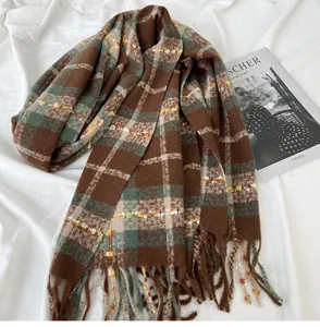 Cozy winter plaid tassel scarf, thick warm cashmere-feel retro check shawl for women daily wear.