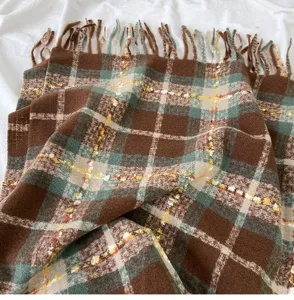 Cozy autumn and winter brown green plaid cashmere feel scarf detail view, thick warm shawl.