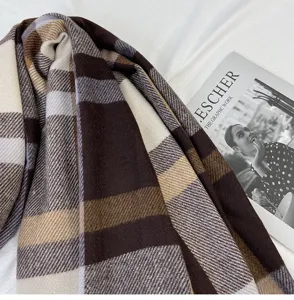Cozy autumn and winter brown plaid scarf detail, soft imitation cashmere warm neck wrap.