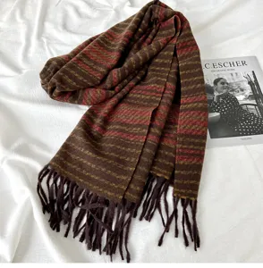 Chic brown striped imitation cashmere scarf with tassels, soft and warm autumn winter accessory.