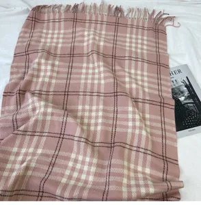 Pink plaid scarf for women, soft imitation cashmere, classic British style warm winter shawl.