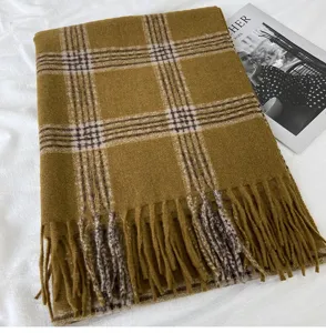 Winter warm plaid fringe scarf, cozy mustard yellow long shawl for women and daily couple wear.