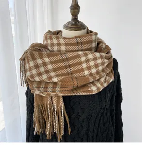 Classic brown plaid cashmere-feel winter scarf with fringe detail, cozy and warm for daily wear.