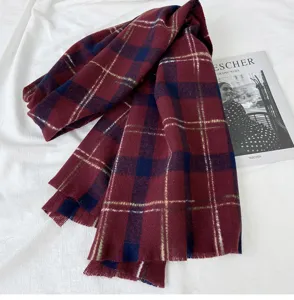 Winter plaid scarf for women, warm long tassel shawl and cozy retro couple wrap design.