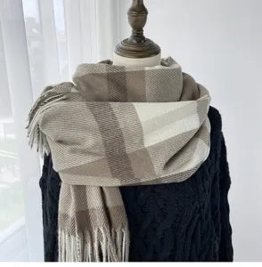 Classic plaid winter scarf for women, warm imitation cashmere tassel shawl, casual neck warmer.