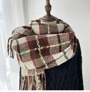 Thickened autumn winter plaid scarf women soft warm imitation cashmere tassel shawl neck warmer