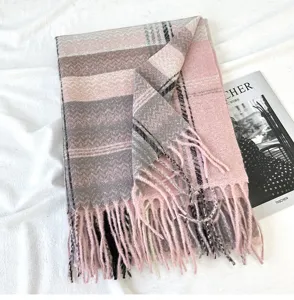 Pink grey plaid tassel cashmere imitation scarf detail showing soft warm winter neck wrap.