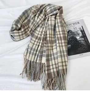Cozy soft plaid tassel scarf for women, warm imitation cashmere winter wrap shawl daily wear.