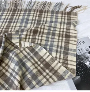 Classic plaid winter scarf detail, soft imitation cashmere warm fringe shawl for women.
