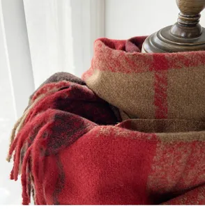 Cozy thick imitation cashmere plaid scarf for women with fringe design, warm winter accessory.