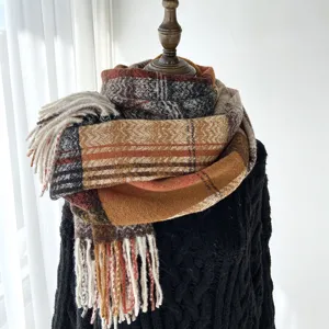 Women Winter Thickened Warm Imitation Cashmere Plaid Tassel Scarf Vintage Soft Long Shawl Fashion Casual Daily Neckwear