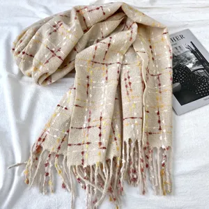 Cozy plaid winter scarf for women, soft cashmere-feel tassel design, elegant daily warmth.