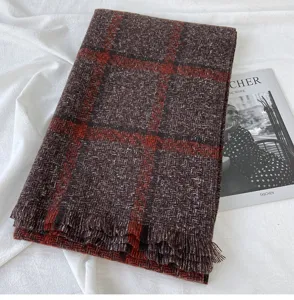 Winter warm faux cashmere plaid scarf with fringe, retro brown and red tartan wrap for daily wear.