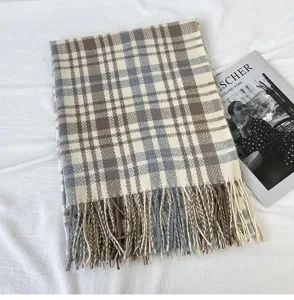 Thickened plaid cashmere-feel scarf winter warm tassel shawl neck warmer detail view
