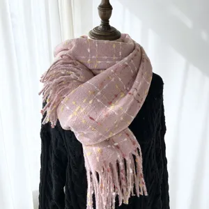 Women winter pink plaid scarf cozy tassel fringe imitation cashmere shawl wrap warm apparel