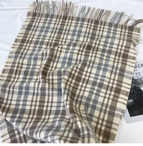 Classic plaid cashmere feel winter scarf with elegant fringe detail, soft and warm shawl.