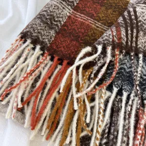 Cozy winter plaid fringed scarf for women, thick cashmere-feel warm neck wrap shawl.